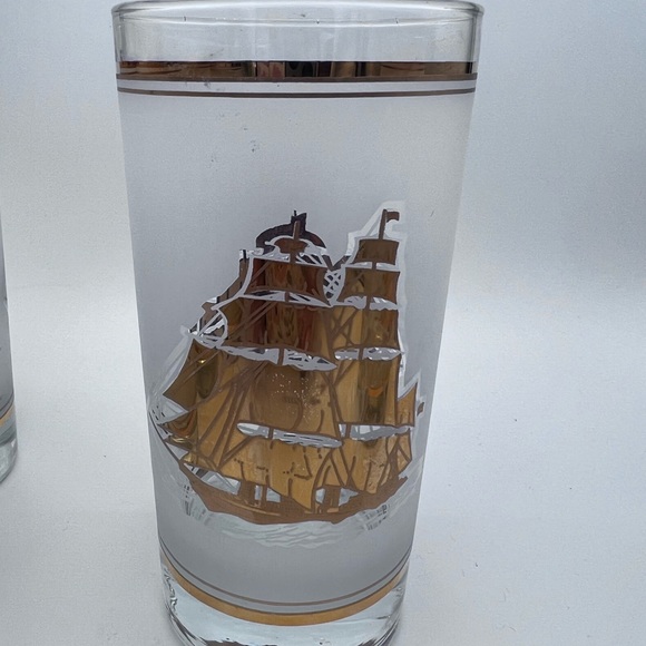 FROSTED Ships GLASSES (6) Gold NAUTICAL SAIL BOAT bar 5-1/2” tall - Picture 6 of 8